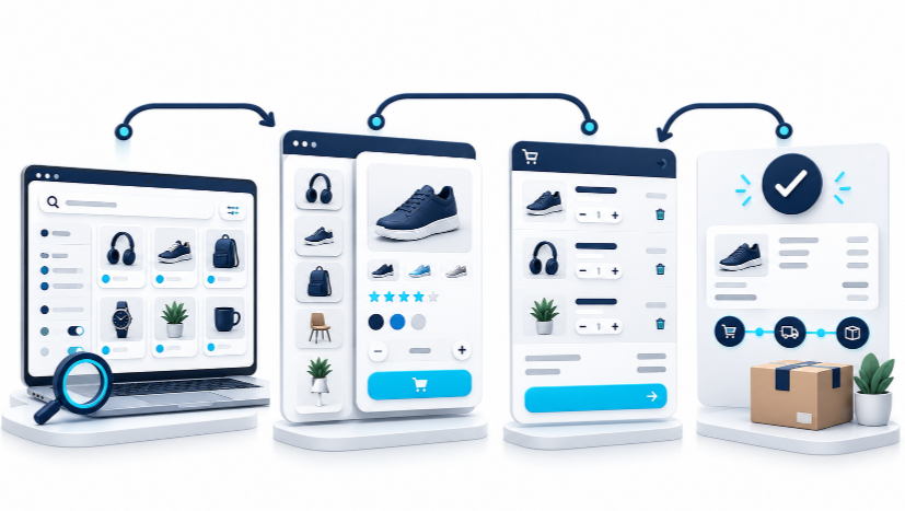 Ecommerce customer journey from product discovery to completed purchase