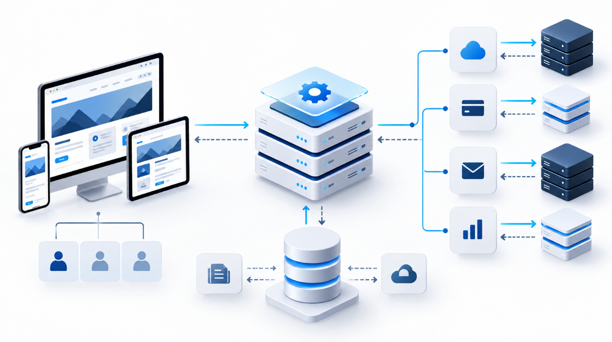 نمای مفهومی ارتباط فرانت اند، بک اند، پایگاه داده و API در توسعه وب