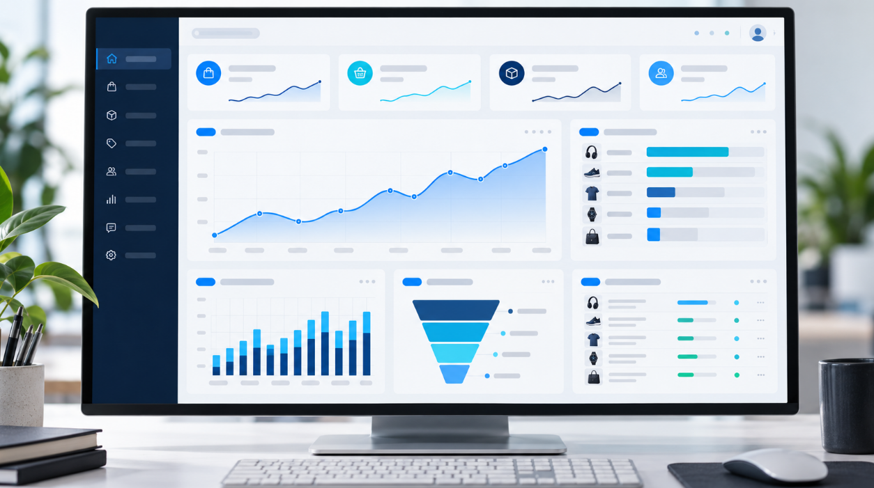 Conceptual ecommerce performance dashboard showing revenue and purchase funnel trends
